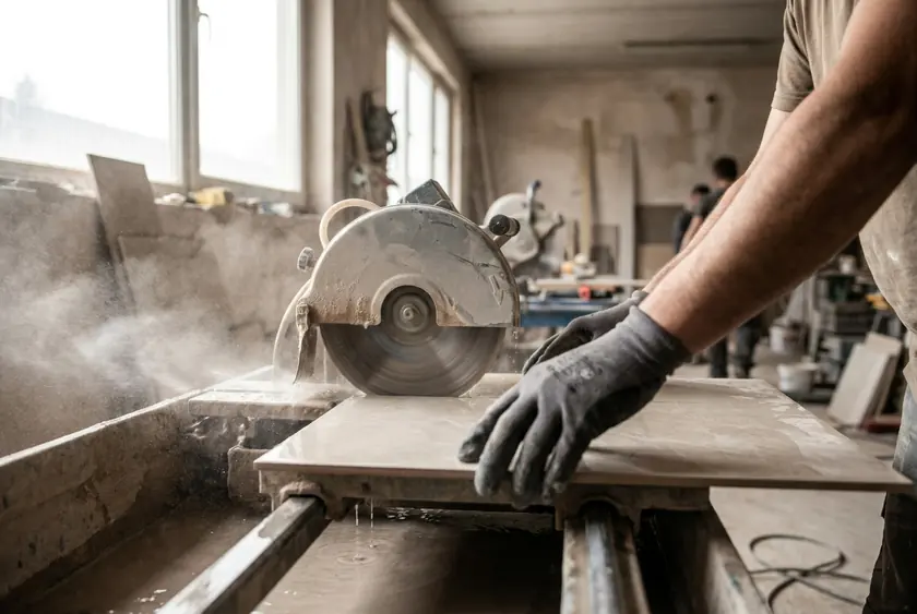 Découpe d'un carreau à la scie à eau sur le chantier