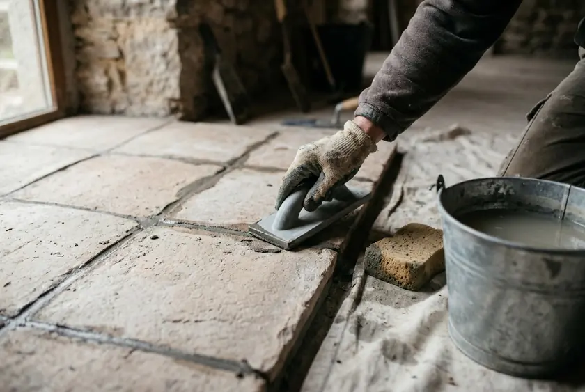 Jointoiement à la taloche après séchage de la colle